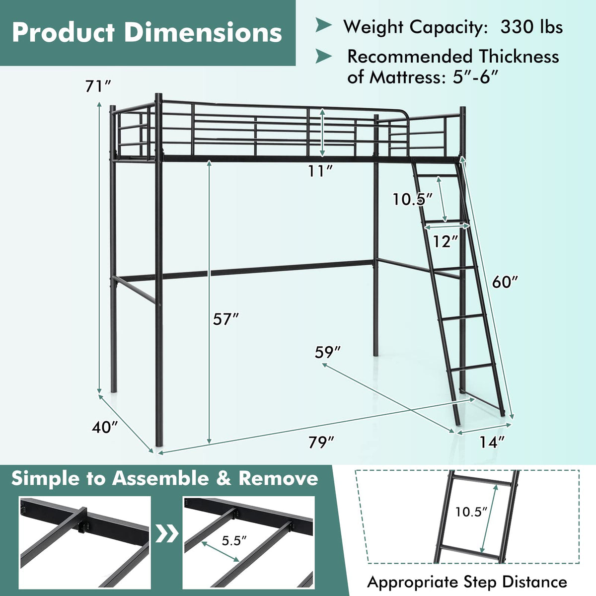 Twin Metal Loft Bed, Heavy-Duty Loft Bed Frame with Ladder & Safety Guard Rails