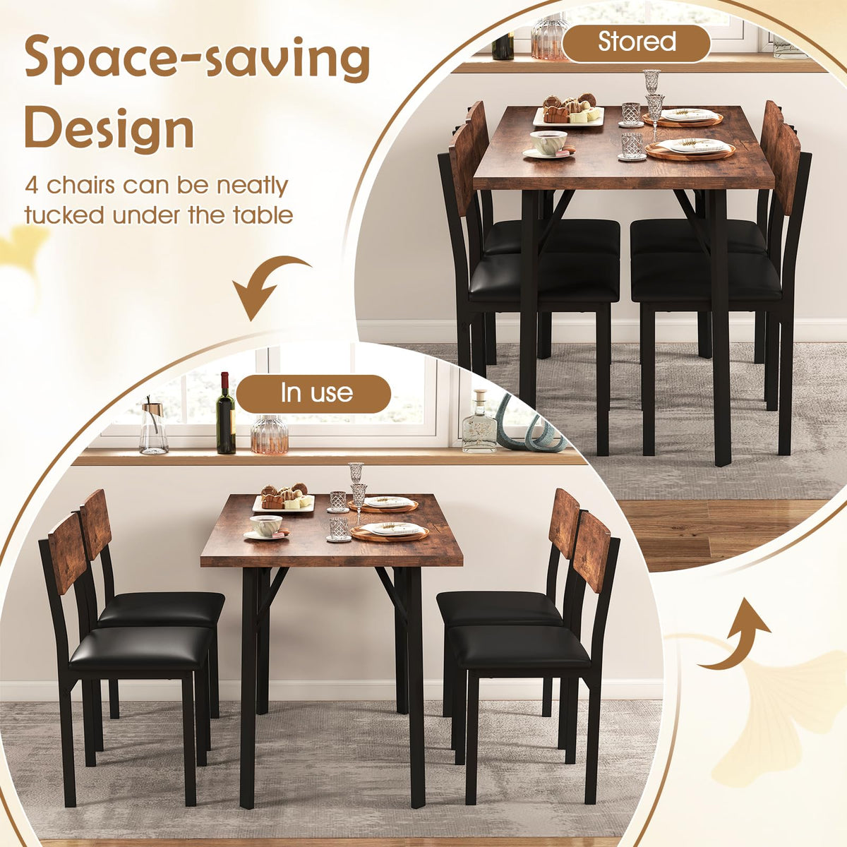 5-Piece Dining Table Set Industrial Kitchen Table and 4 PU Leather Upholstered Chairs