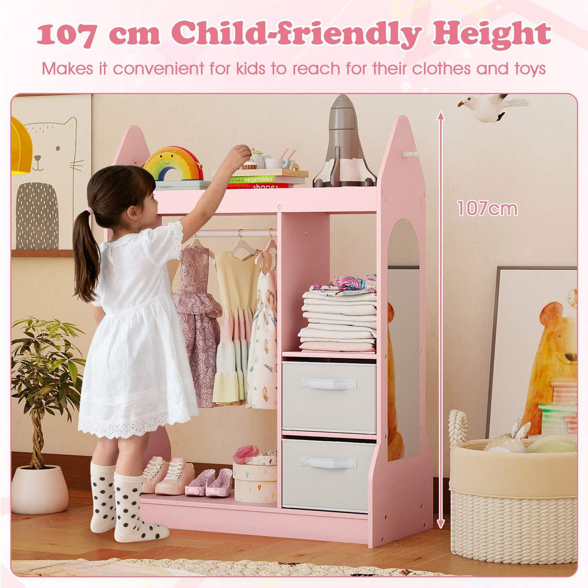 Kids Clothing Rack with Mirror and Cloth Hanger for Kids Room