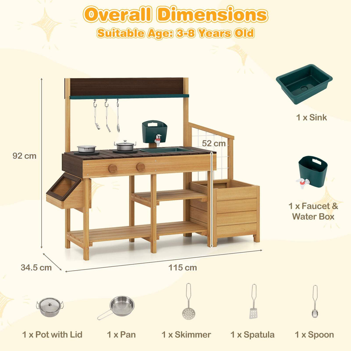 Outdoor Play Kitchen for Kids Wooden Toy Kitchen Playset with Removable Faucet