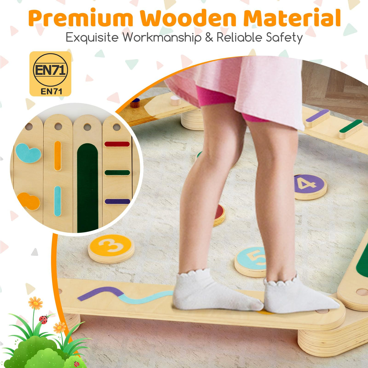 Wooden Balance Beam Set with Stepping Stones for 3+ Toddlers