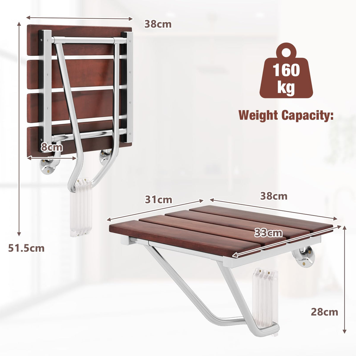 Folding Shower Seat, Wall Mount Shower Chair for Inside Showe