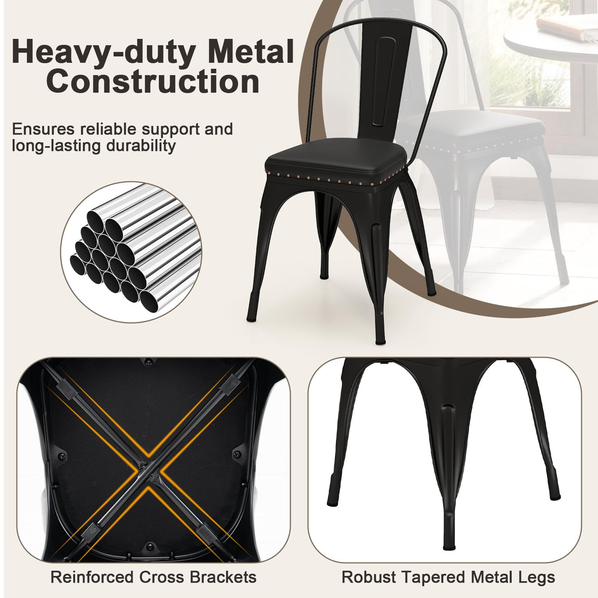 Metal Dining Chair Set of 4 Stackable Kitchen Chairs Cafe Restaurant Chairs