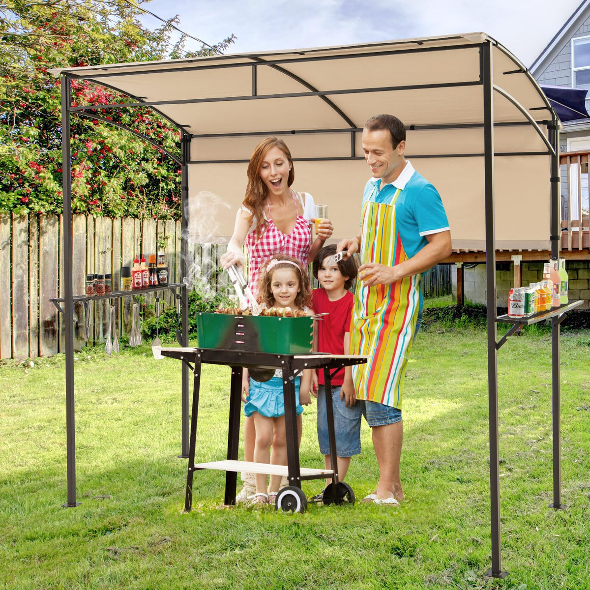 Patio Barbecue Canopy with Serving Shelf and Storage Hooks for Garden