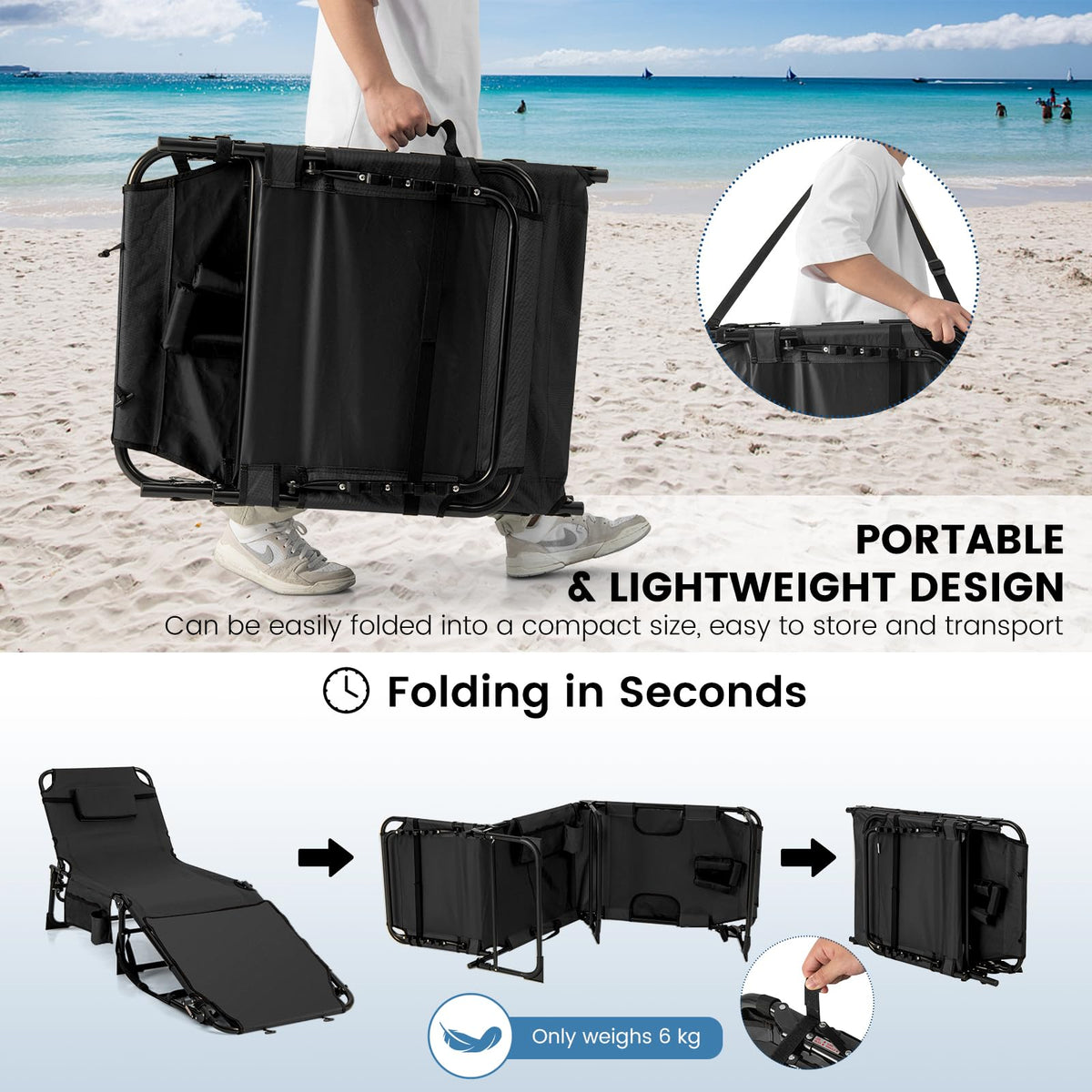 Folding Convertible Camping Lounger w/Face Hole & Pillows & Storage Pocket