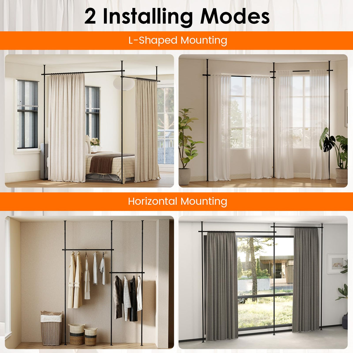 Room Divider Curtain Rod with Adjustable Floor for Apartment and Bedroom