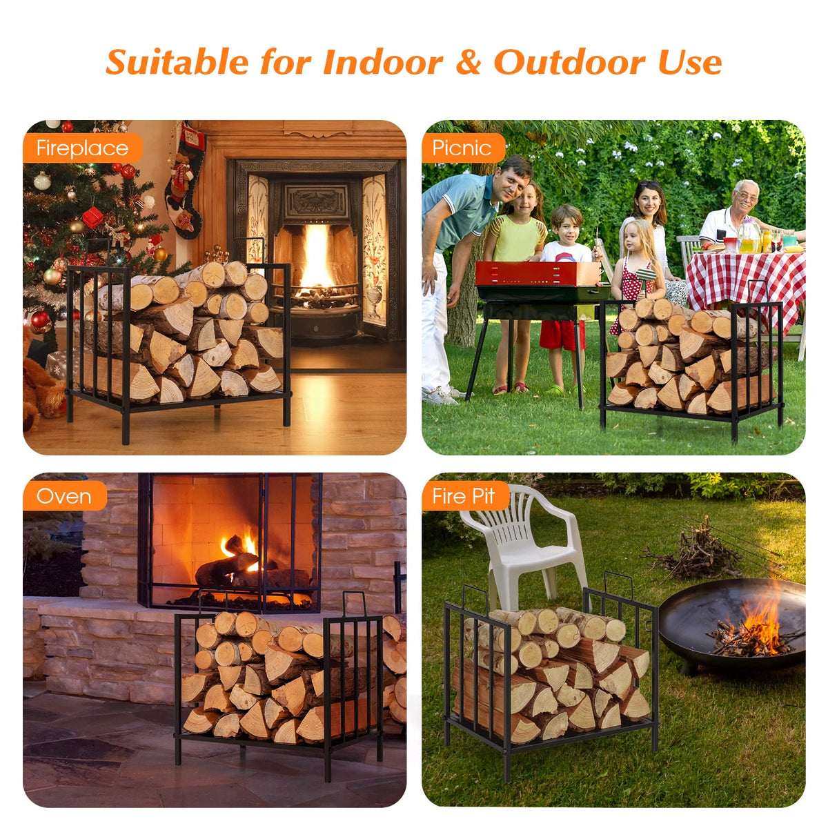 Firewood Log Rack, for Indoor Outdoor Steel Log Holder w/50 kg Load Capacity