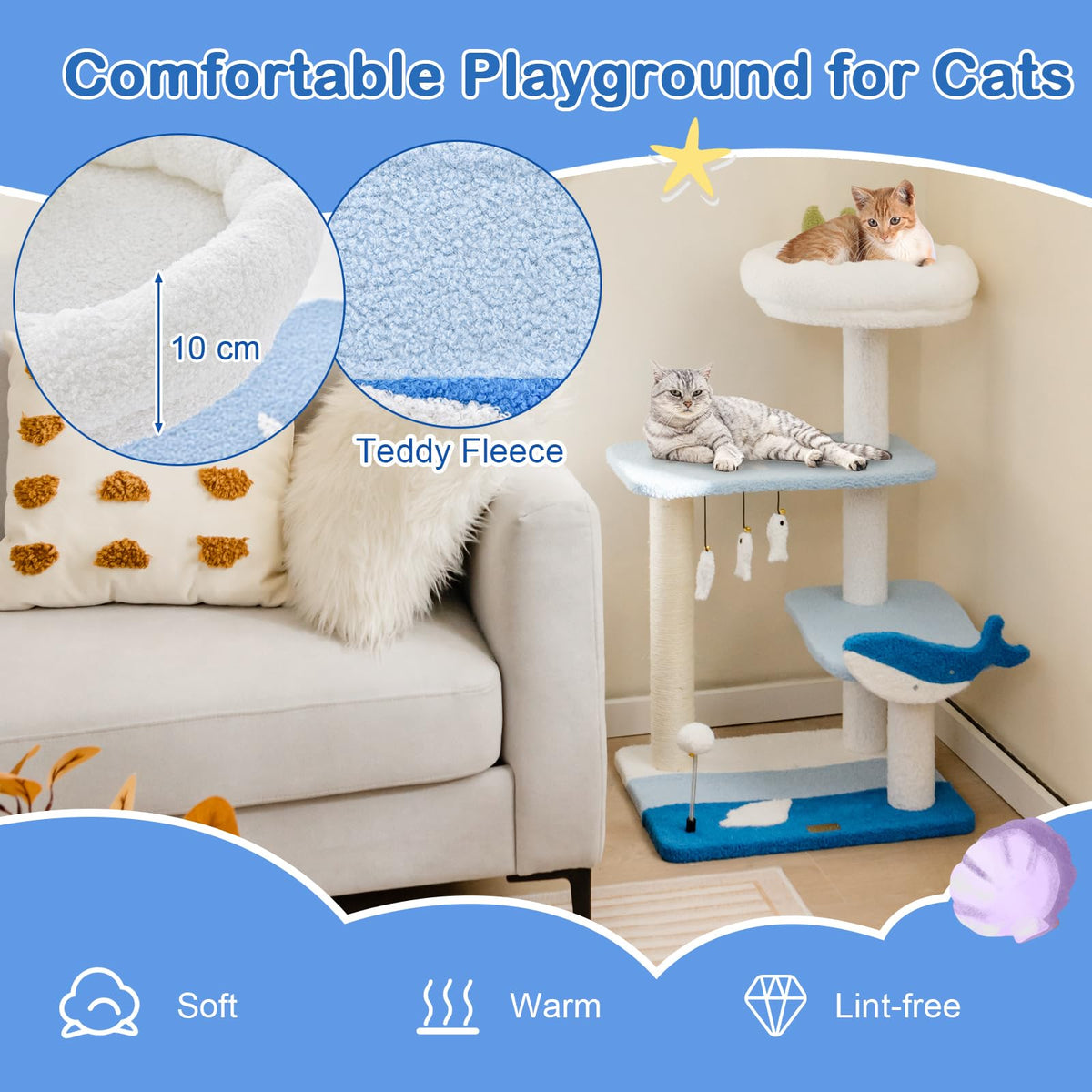 Fish Cat Tree Ocean-Themed Cat Tree, 3-Level Cat Tower w/Sisal Covered Scratching Po ...