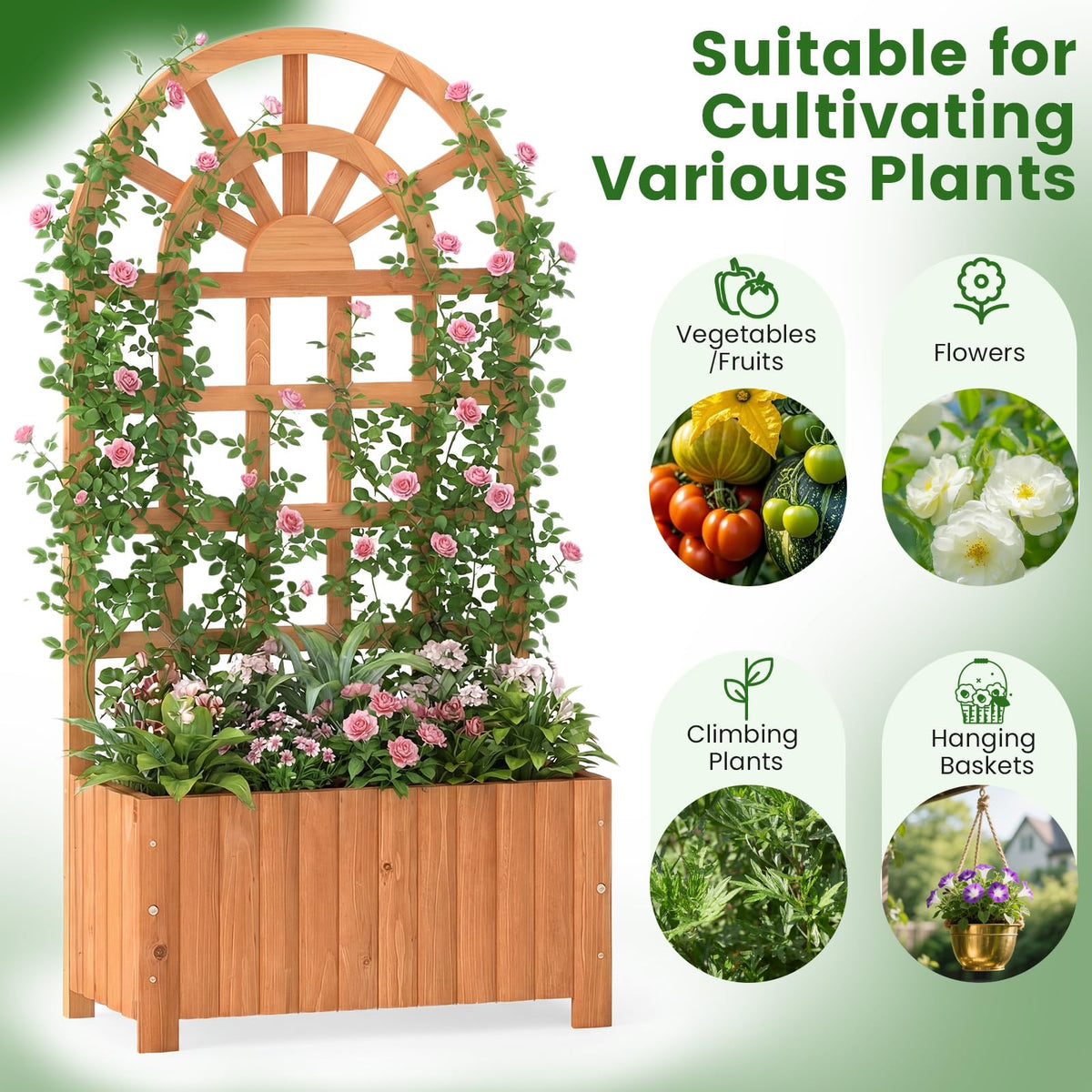 Wooden Raised Garden Bed with Trellis, 121/182 cm Outdoor Planter Box w/Privacy Screen