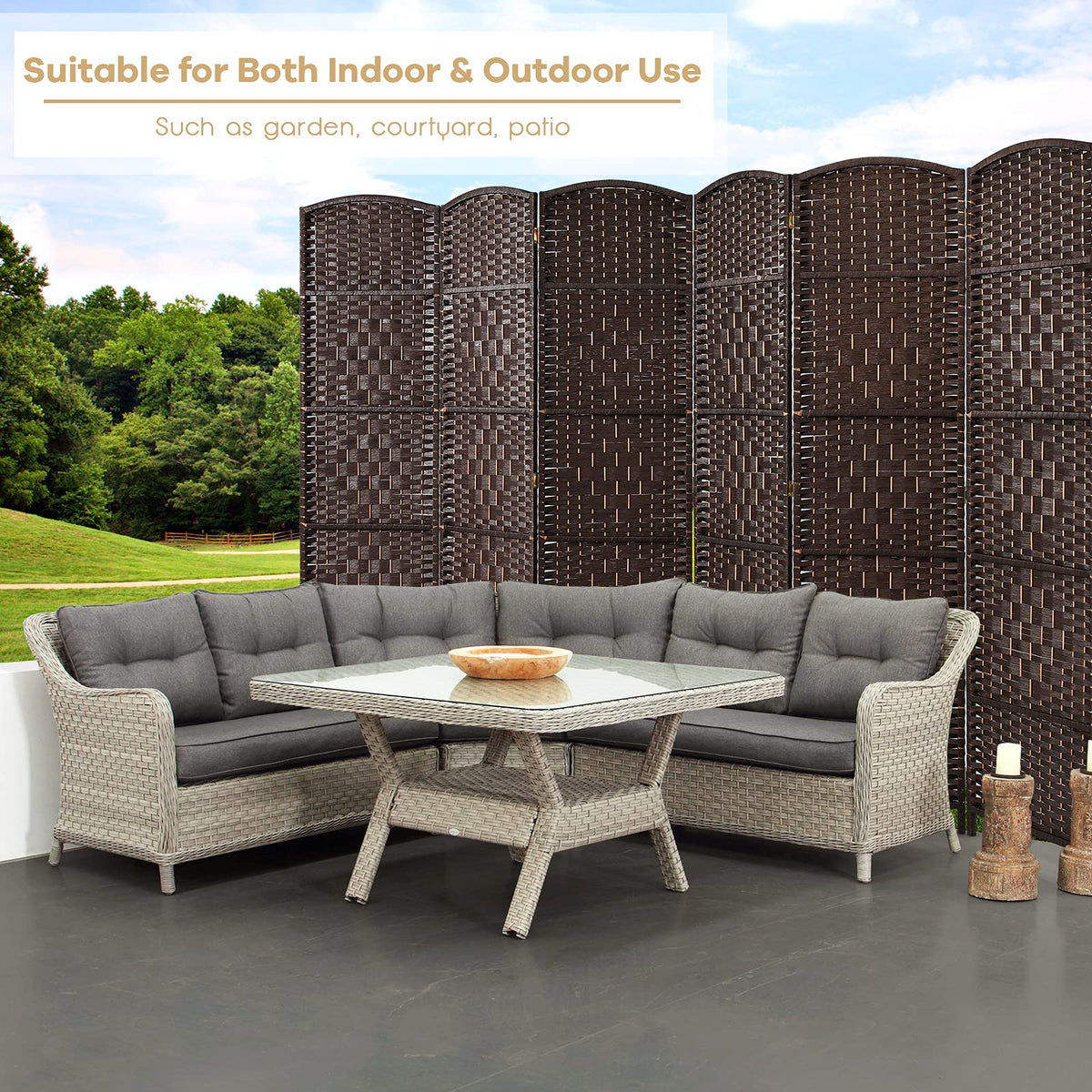 6-Panel Screen Room Divider, 6Ft Folding Privacy Screen w/Hand-woven Rattan