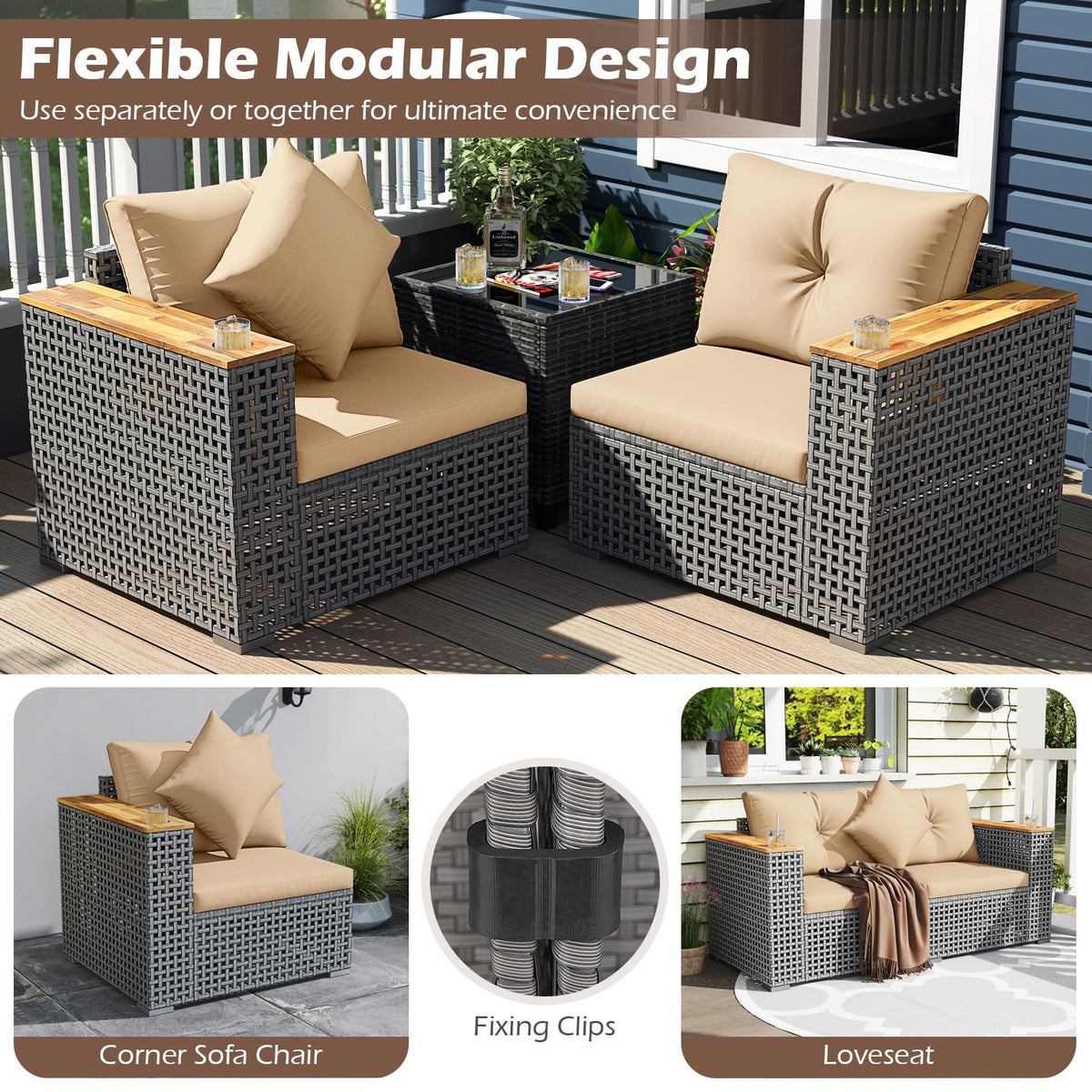 2-Piece Patio Corner Sofa Set Outdoor Sectional Wicker Loveseat with Thick Cushions
