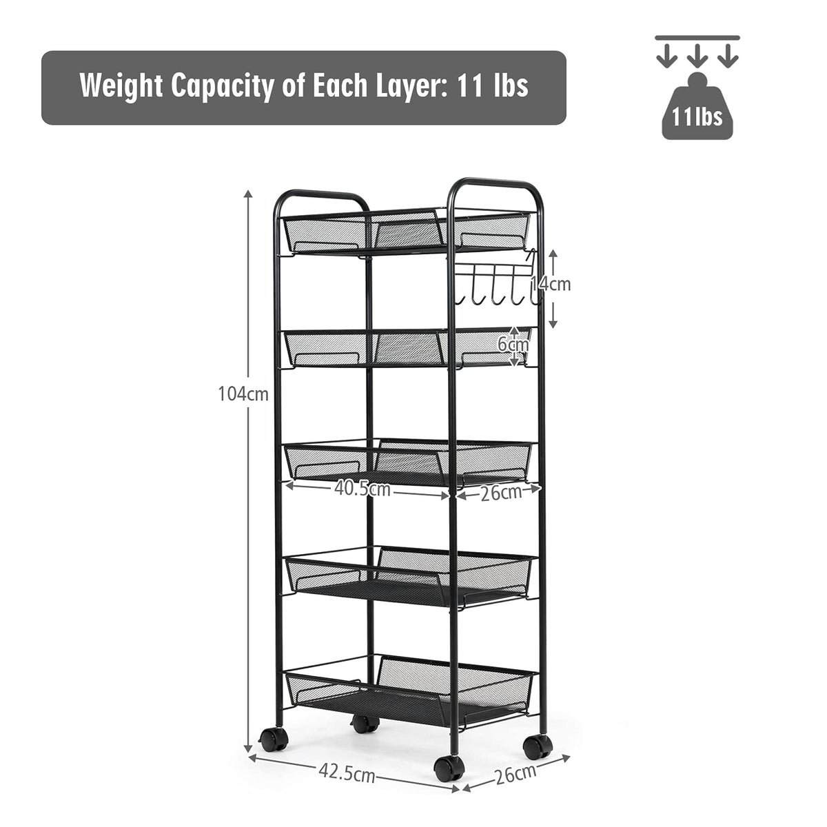 Giantex Serving Trolley Cart w/ 5 Levels, Storage Trolley, Side Kitchen Trolley, Kitchen Organizer Utility Cart for Kitchen