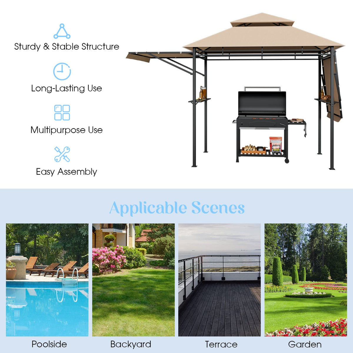 413 x 122cm Outdoor BBQ Grill Gazebo W/Dual Side Awnings, 2 Side Shelves, 8 Stakes Double-Tiered