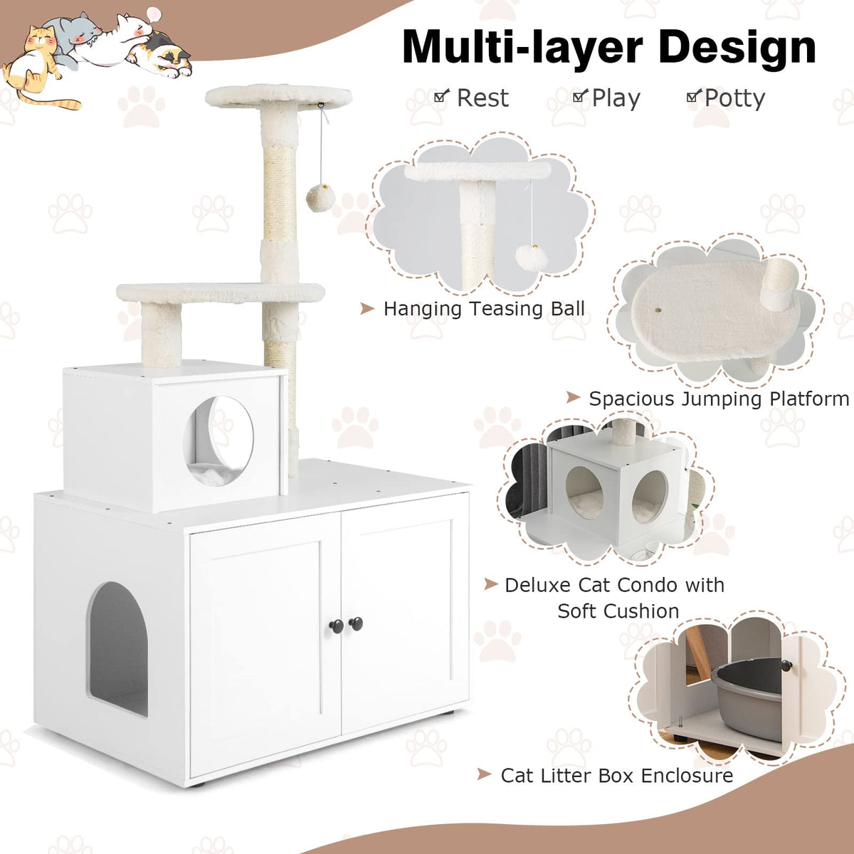 Cat Tree with Litter Box Enclosure 2-in-1 Modern Cat Tower with Cat Condo