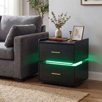 Nightstand with Charging Station, LED Bedside Table with 2 Storage Drawers