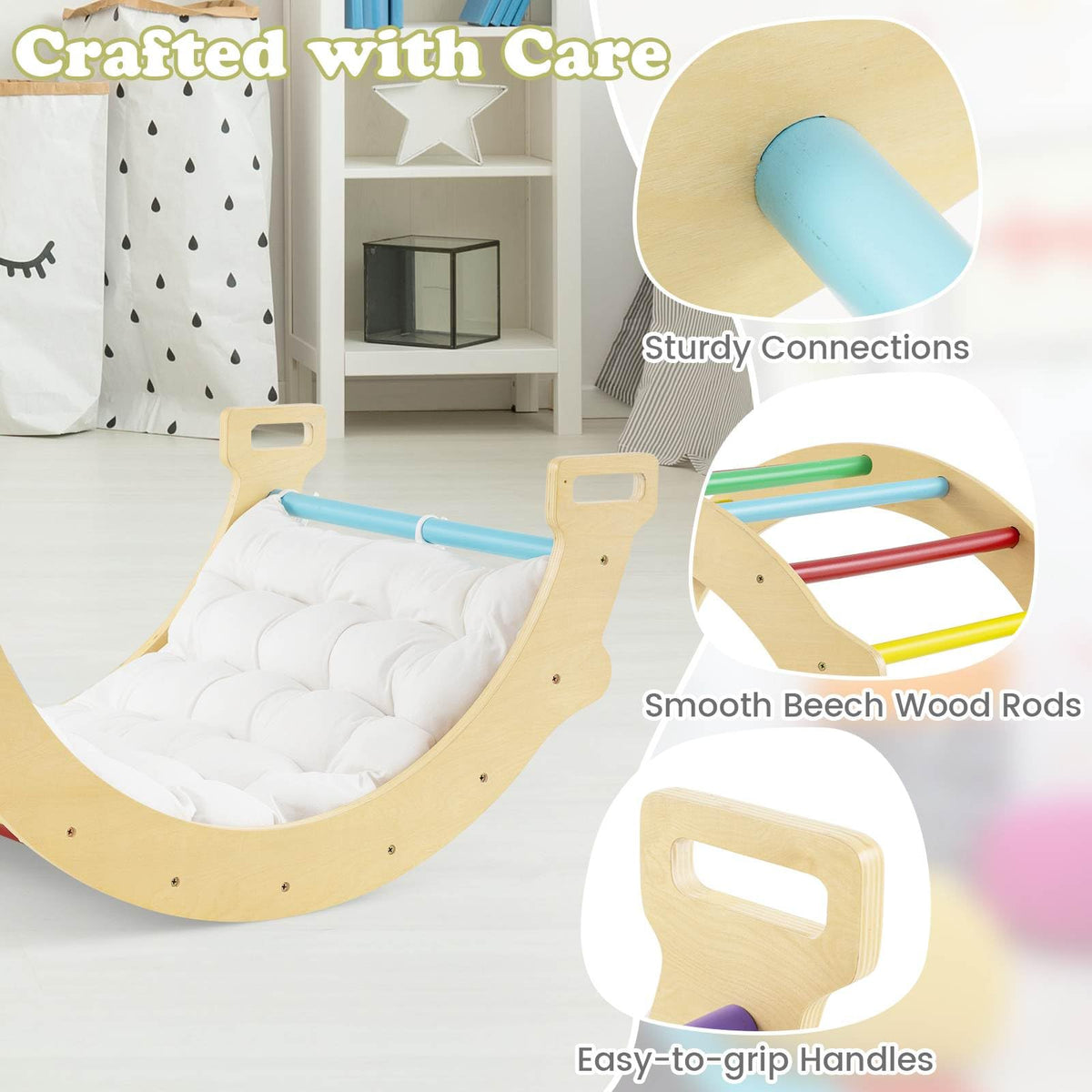 4-In-1 Wooden Kids Climber Arch Rocker with Cushion Montessori Toy