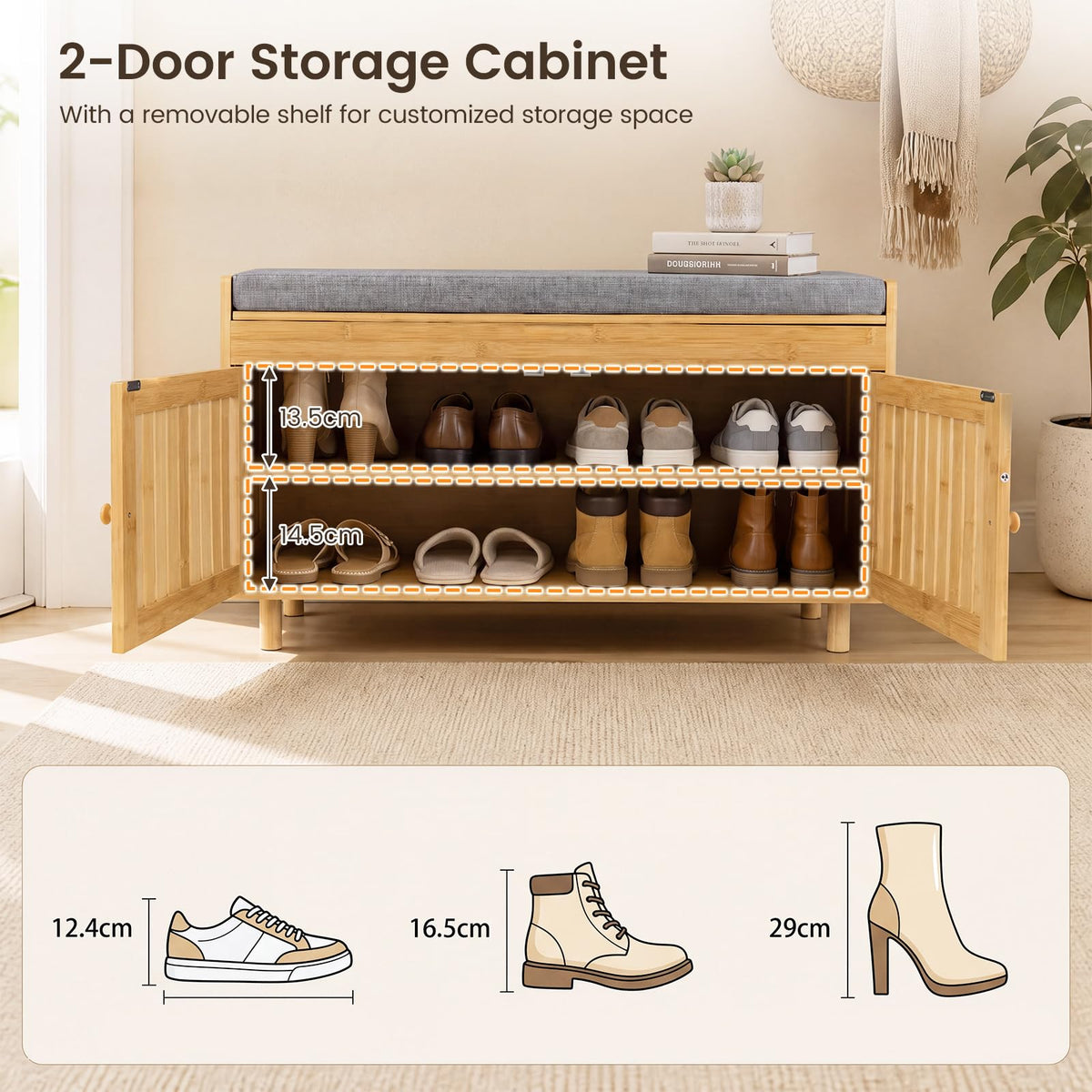 90 cm Bamboo Shoe Storage Bench with Lift Top and Cushion for Entryway