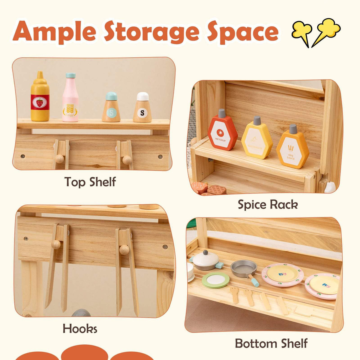 Wooden Barbecue Grill Toy Set with Sink and Faucet Kids BBQ Grill Playset