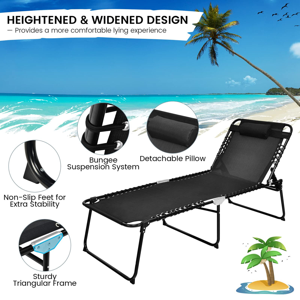 Patio Folding Chaise Lounge with 4-Level Backrest & Detachable Headrest Outdoor（70cm）