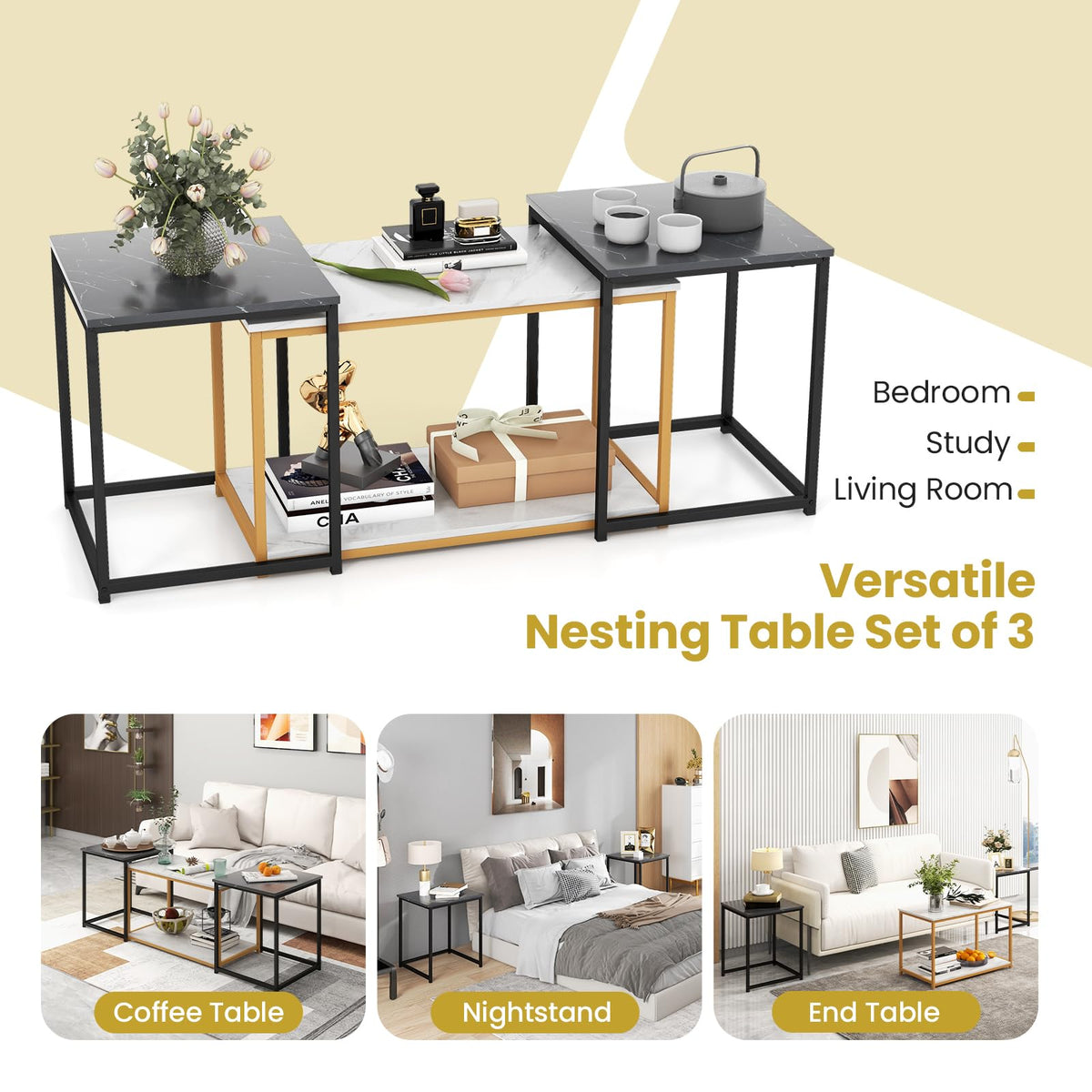 Giantex Nesting Coffee Table Set of 3, 3-Piece End Table with Faux Marble Top