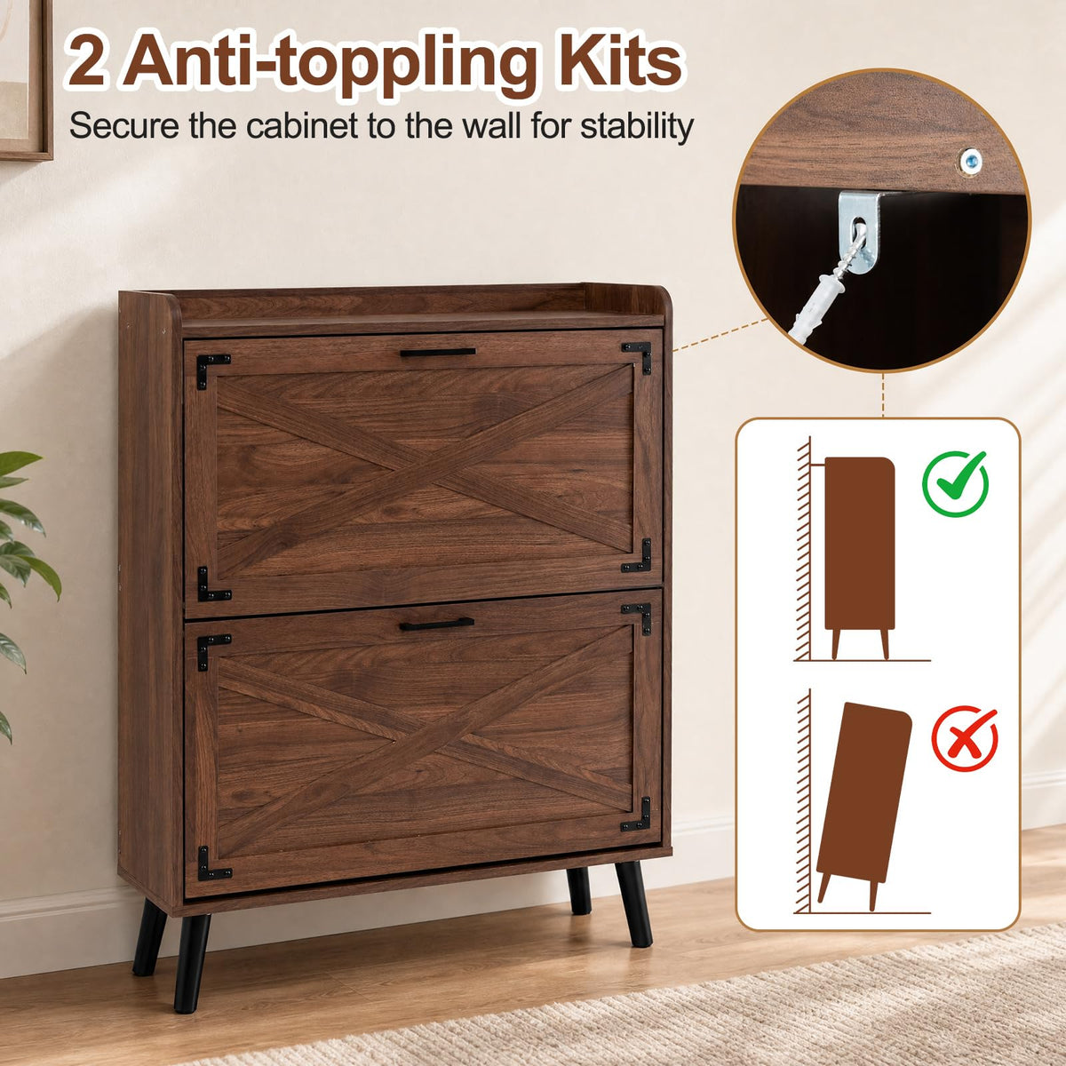 Narrow Shoe Cabinet with 2 Flip Drawers and Adjustable Shelves