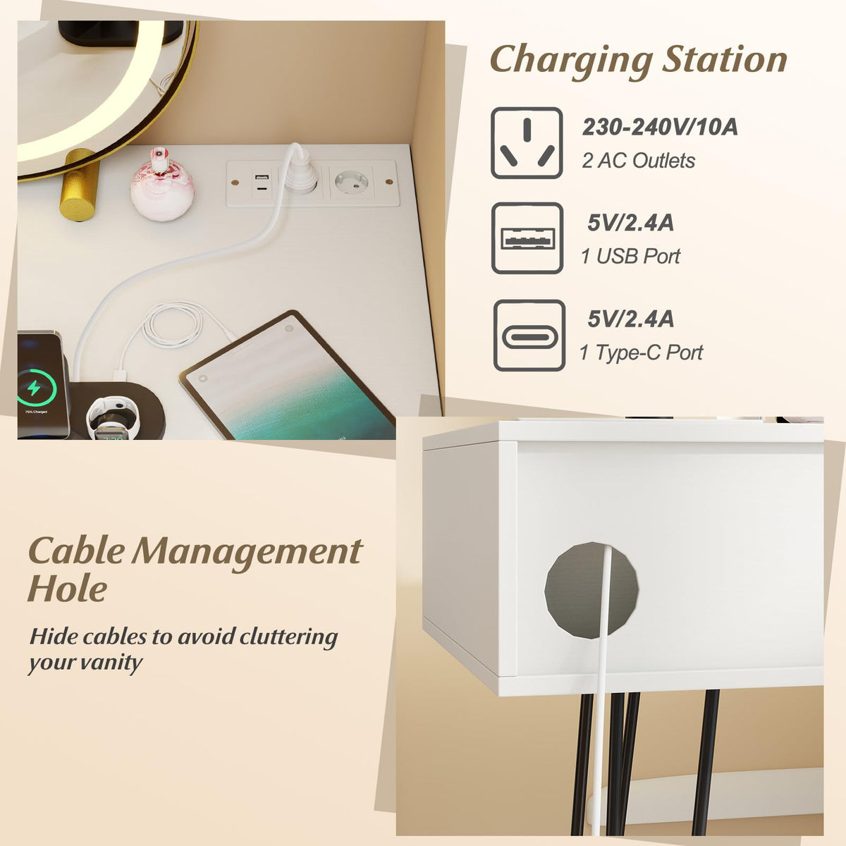 Makeup Vanity Desk with Charging Station and Rotatable Mirror