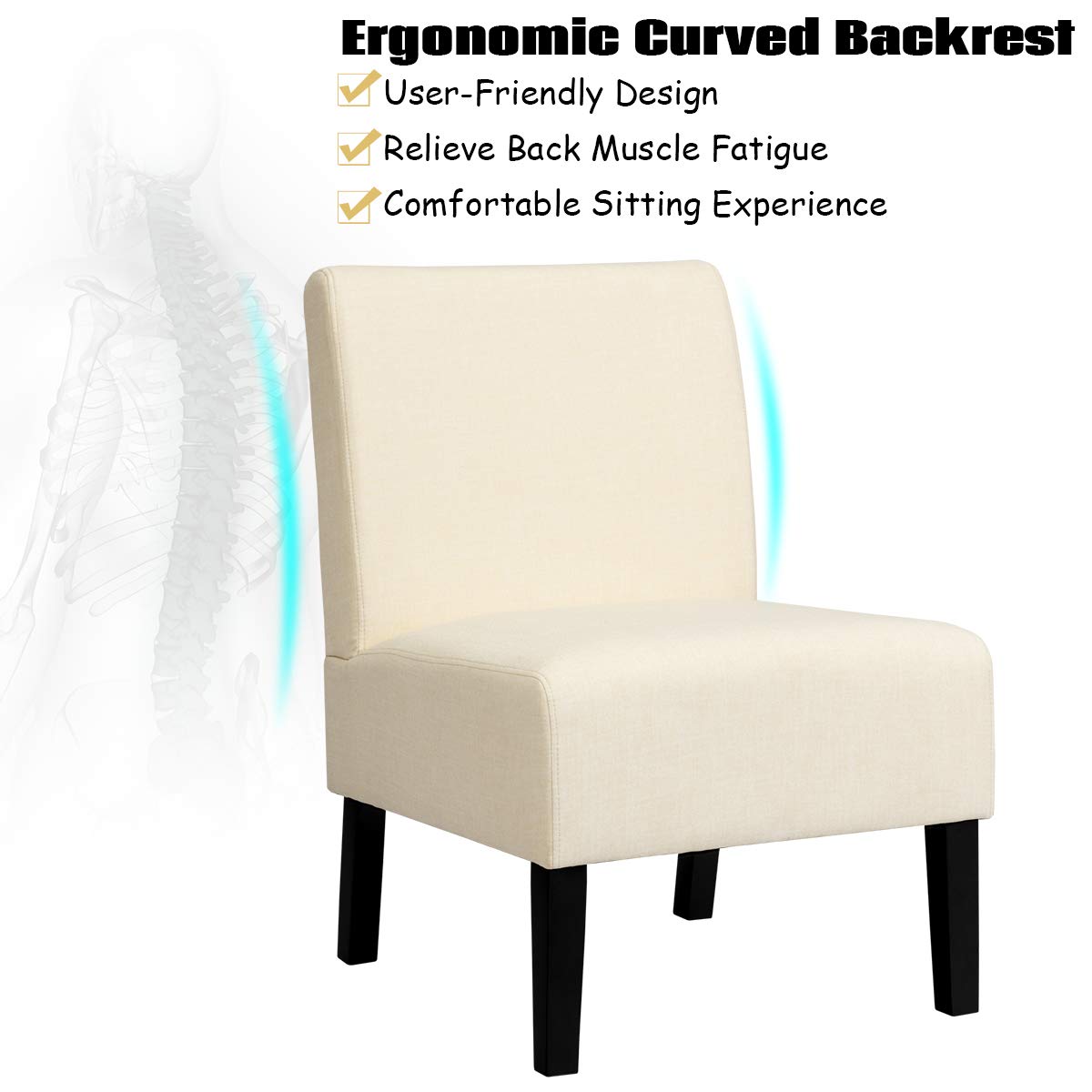 Armless Accent Chair Upholstered Fabric Chairs w Curved Backrest