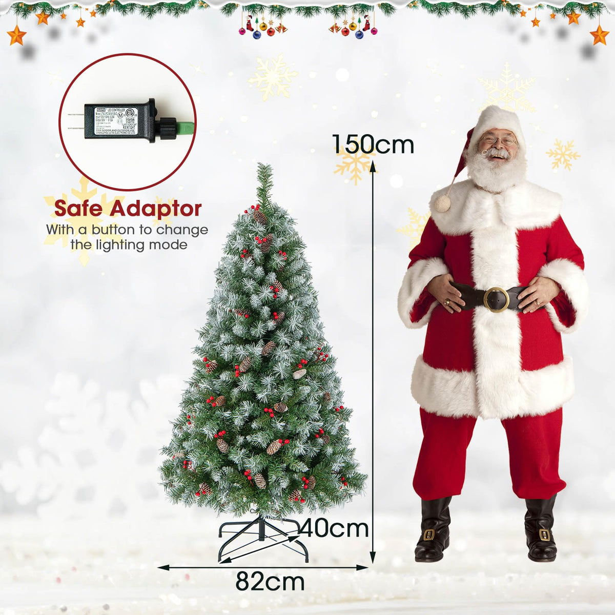 1.5M Hinged Christmas Tree with 8 Lighting Modes, Memory Function