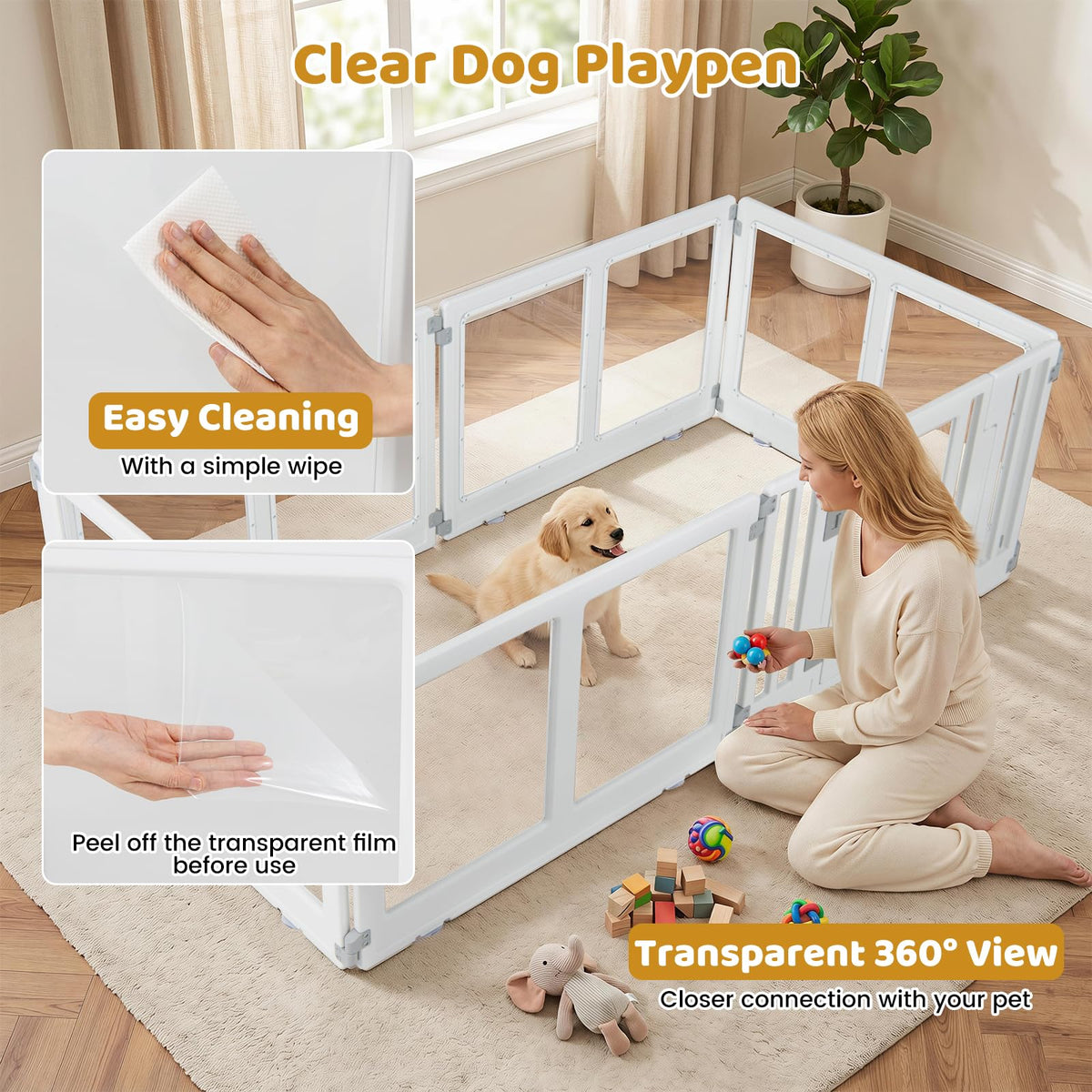 Clear Dog Playpen with Secure Locking Door, 6 Panels