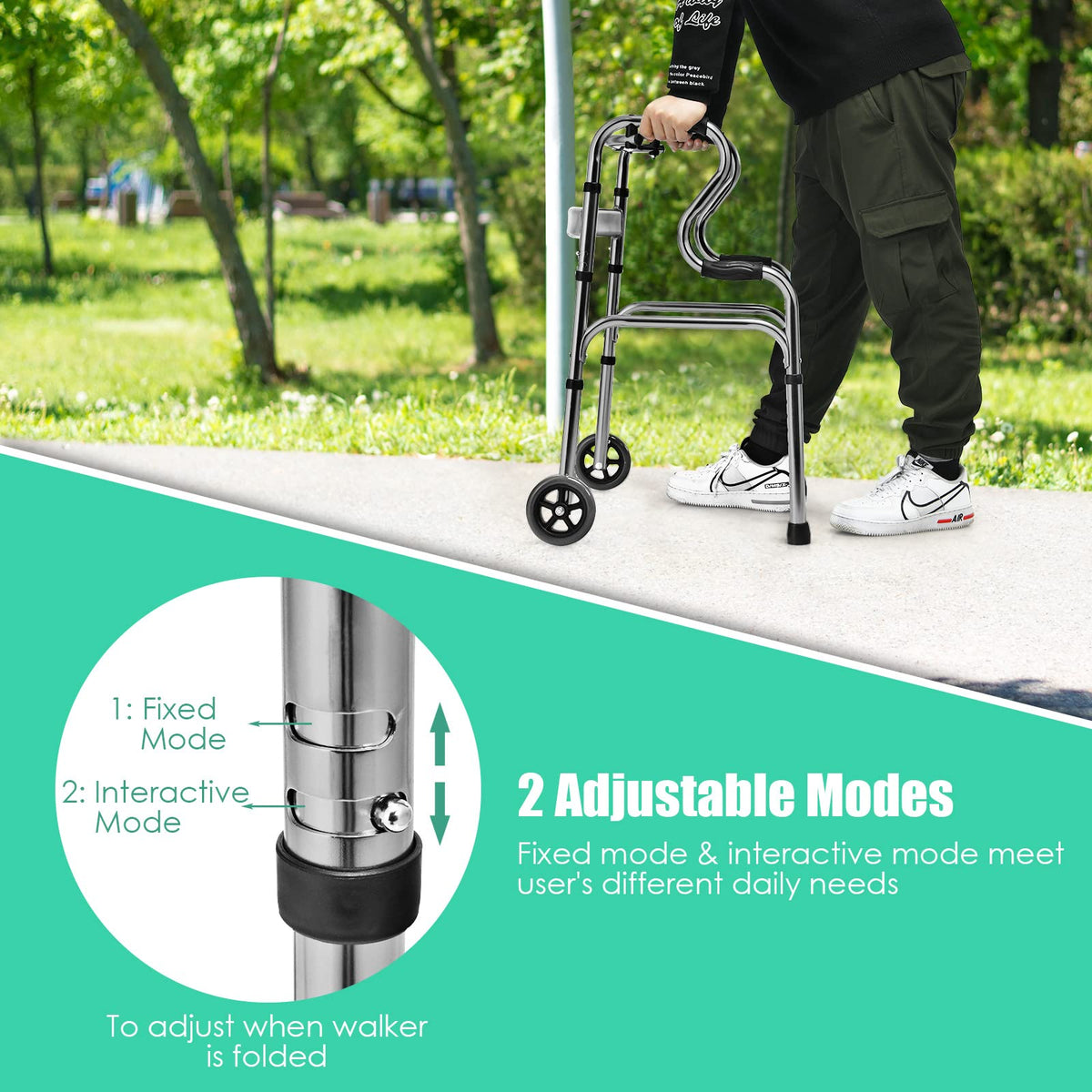 200KG Weight Capacity Aluminum Alloy Adult Walker w/ Unidirectional Wheels & Bi-Level Armrests