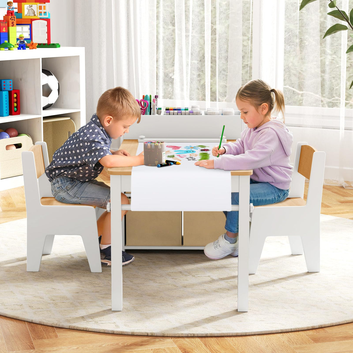 Wooden Kids Art Craft Study Table and Chairs Set with Paper Roll