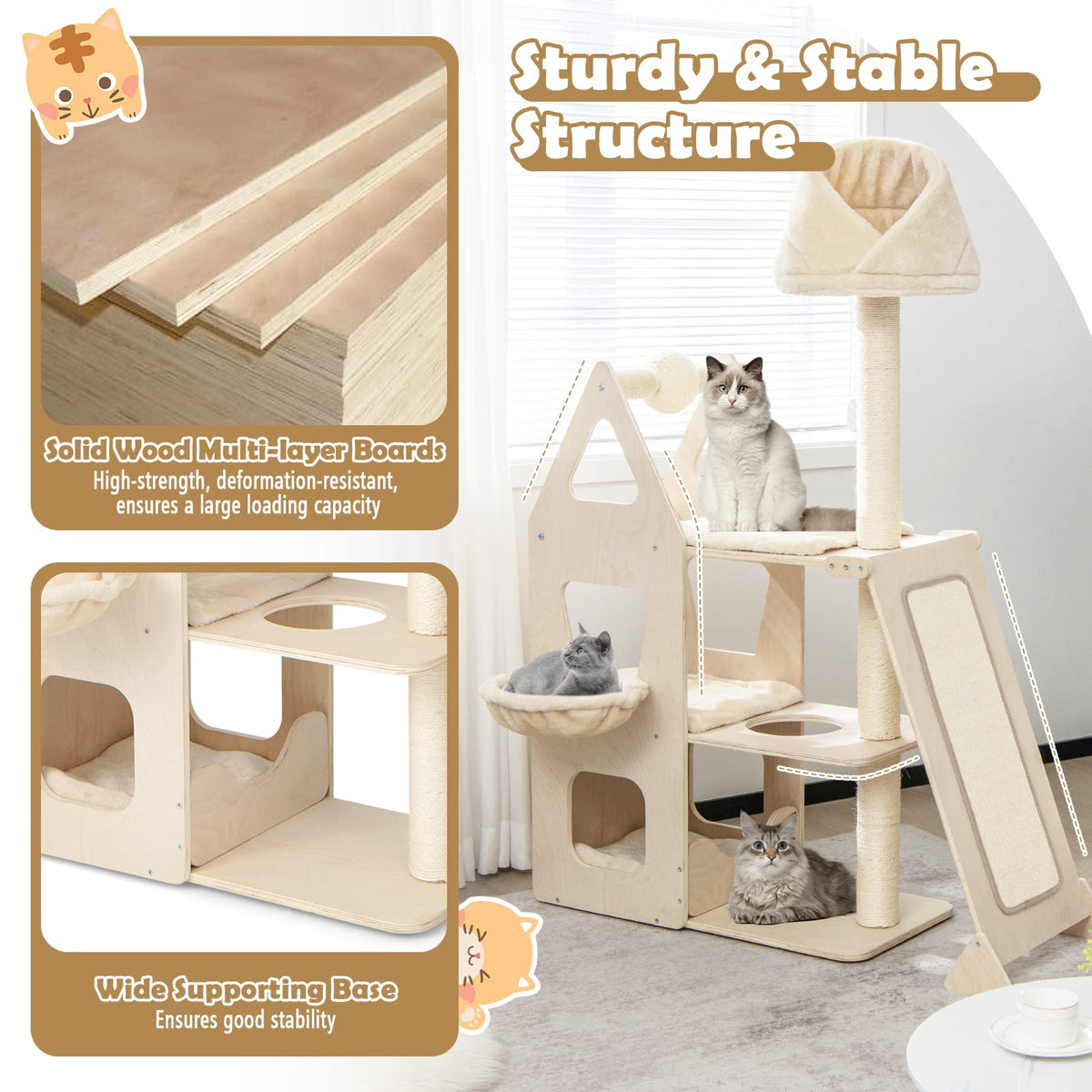 Multi-Level Cat Tree, Cat Tower with Sisal Scratching Post, Ball & Board