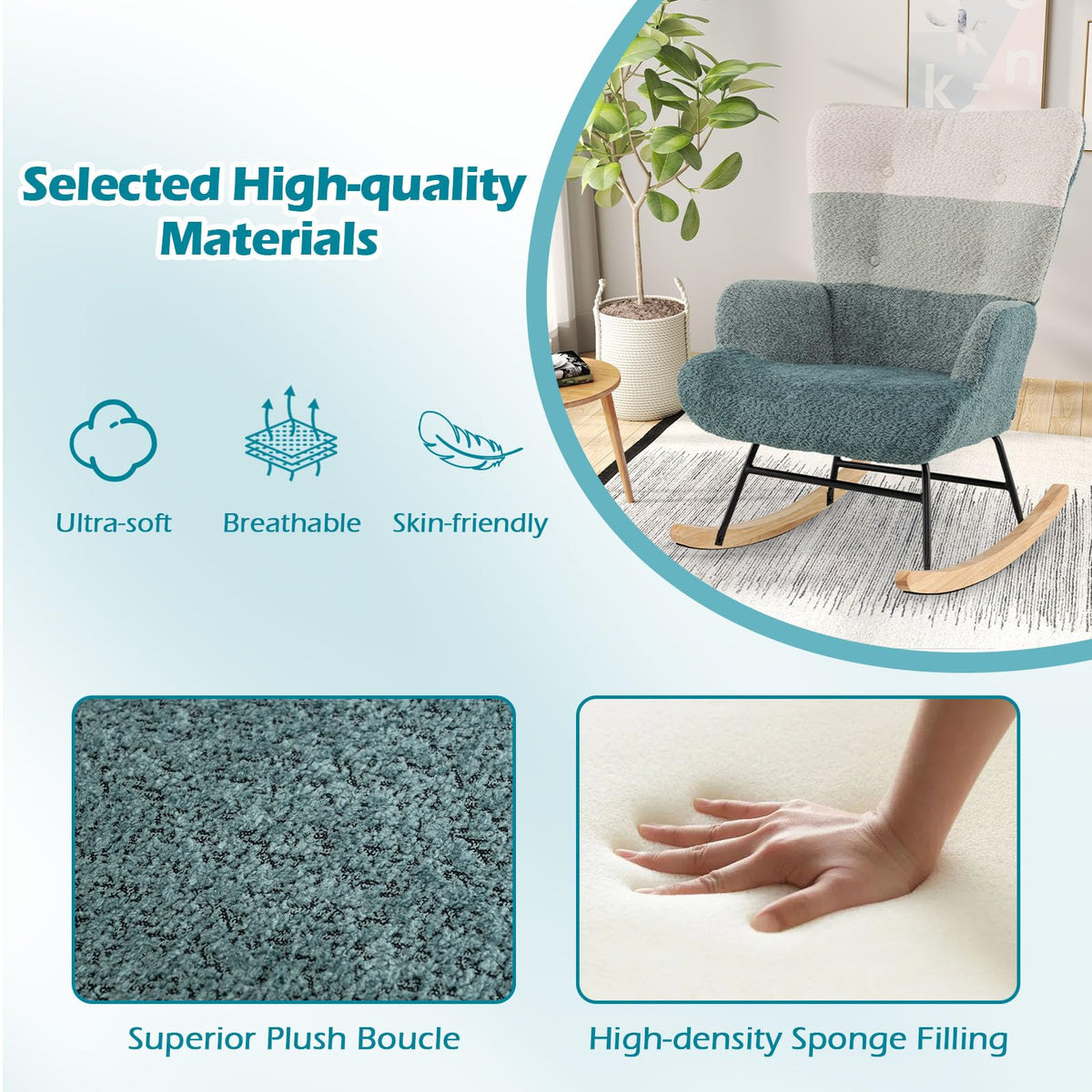Nursery Rocking Chair with Boucle Fabric Ergonomic Armrests and High Back