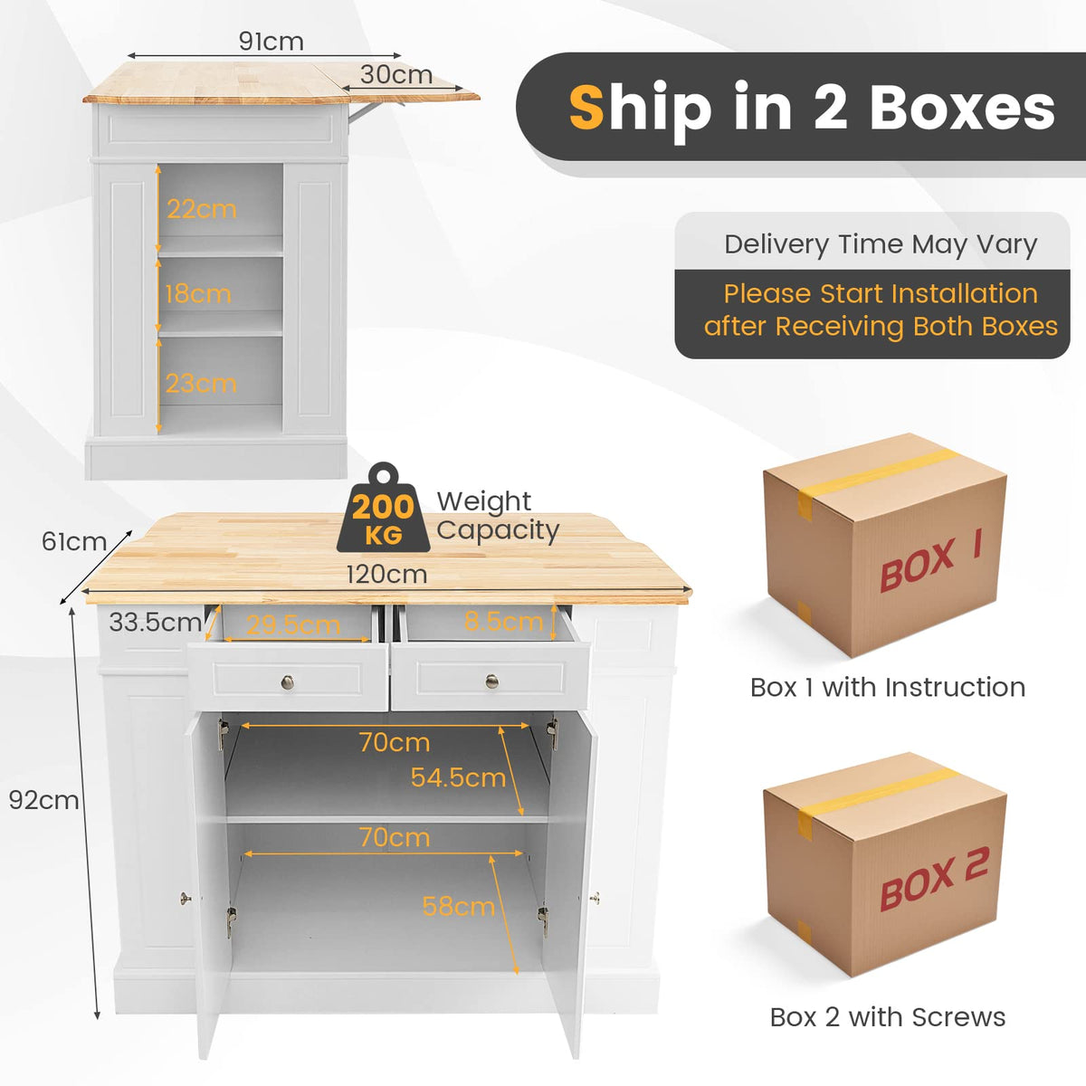 Giantex Kitchen Island with Storage, Kitchen Island Table with Drop Leaf Rubber Wood Countertop, Drawers