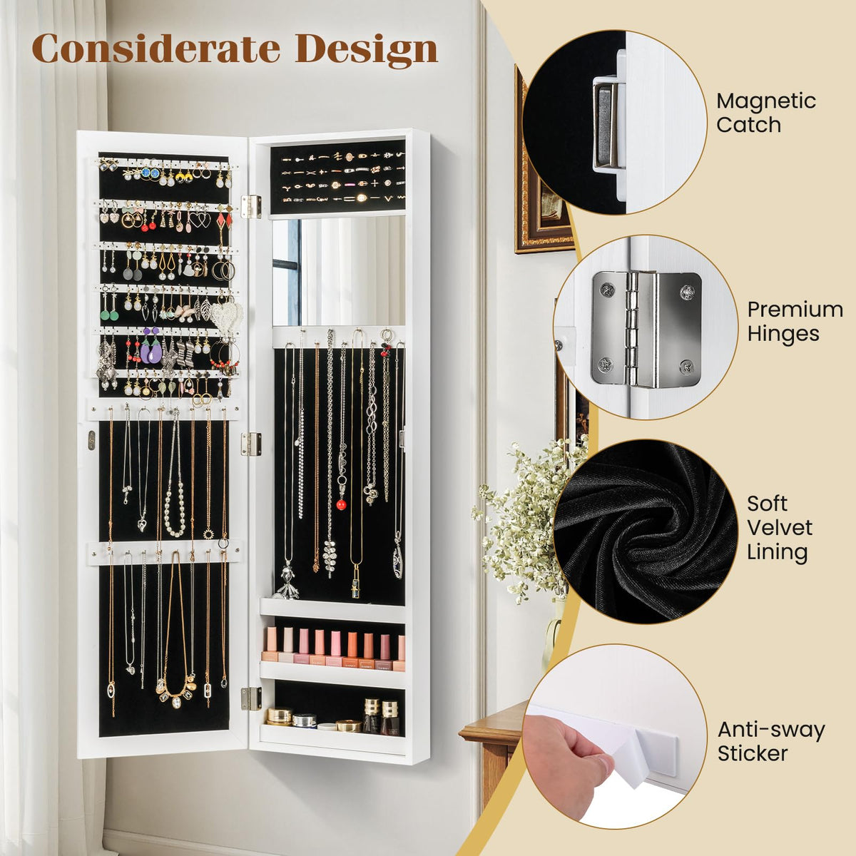Wall/Door Mounted Jewelry Armoire with Storage Shelves and 2 Hanging Hook