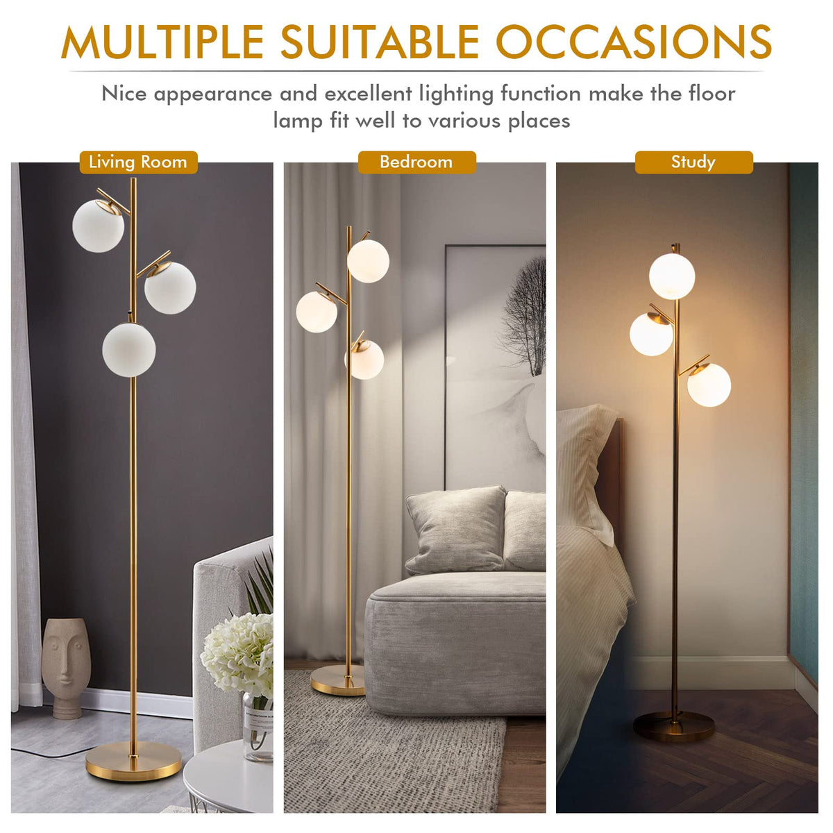 3-Globe Floor Lamp with Foot Switch and Steel Pole for Living Room