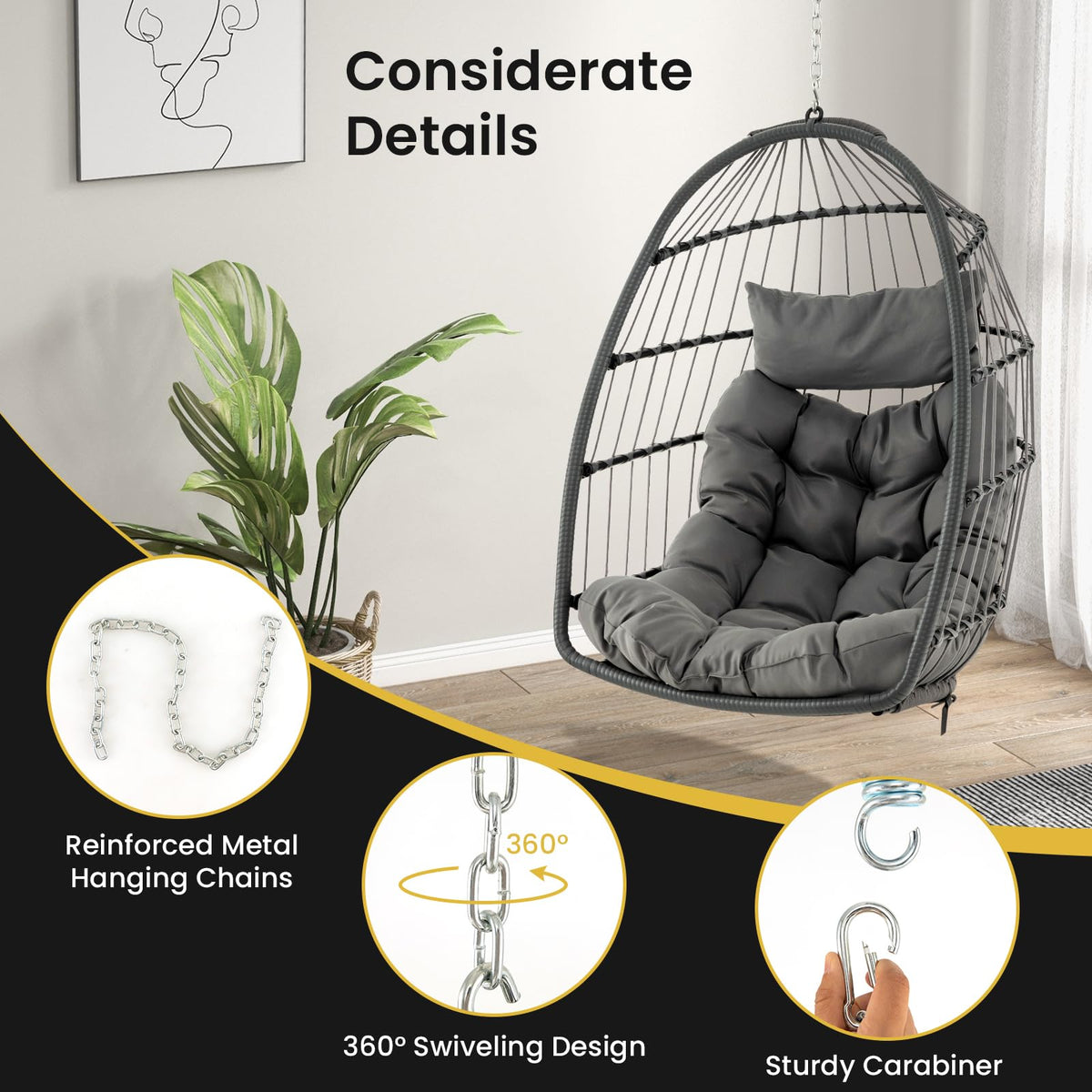 Hanging Egg Chair with Head Pillow & Large Seat Cushion (Without Chair Stand)