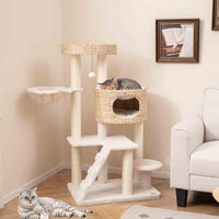 Cat Tree for Indoor Cats, Modern Cat Tower w/Cattail Fluff Condo & Top Perch, Sisal Scratching Posts, Hanging Basket