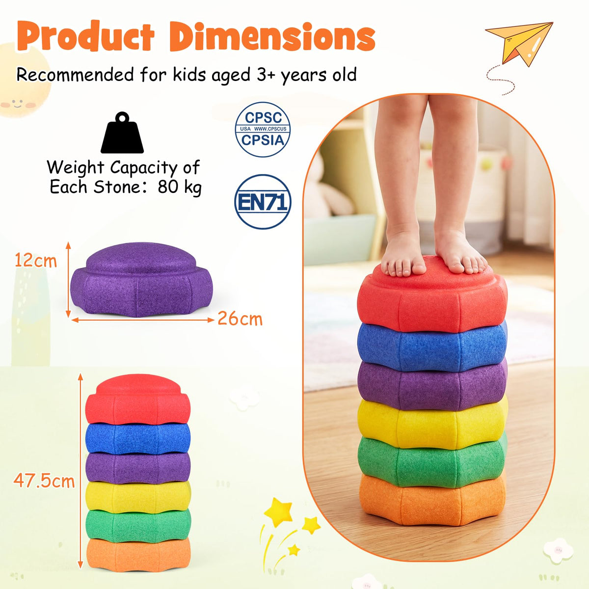 6-Piece Stackable Toddler Balance Stepping Stones for Sensory Play and Coordination