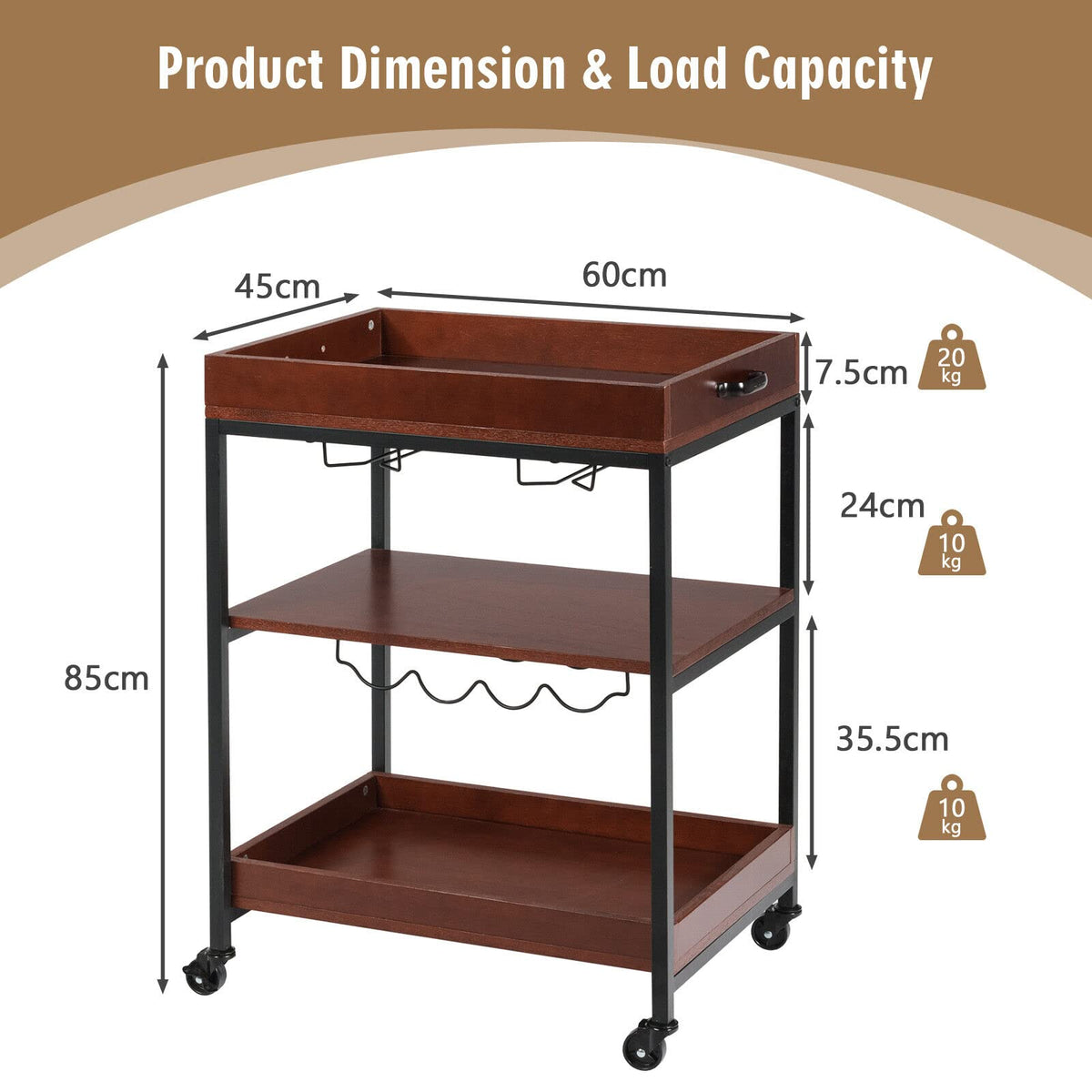 Giantex Kitchen Serving Trolley, 3-Tier Rolling Bar Island Serving Cart, Cart Trolley on Wheels with Handle