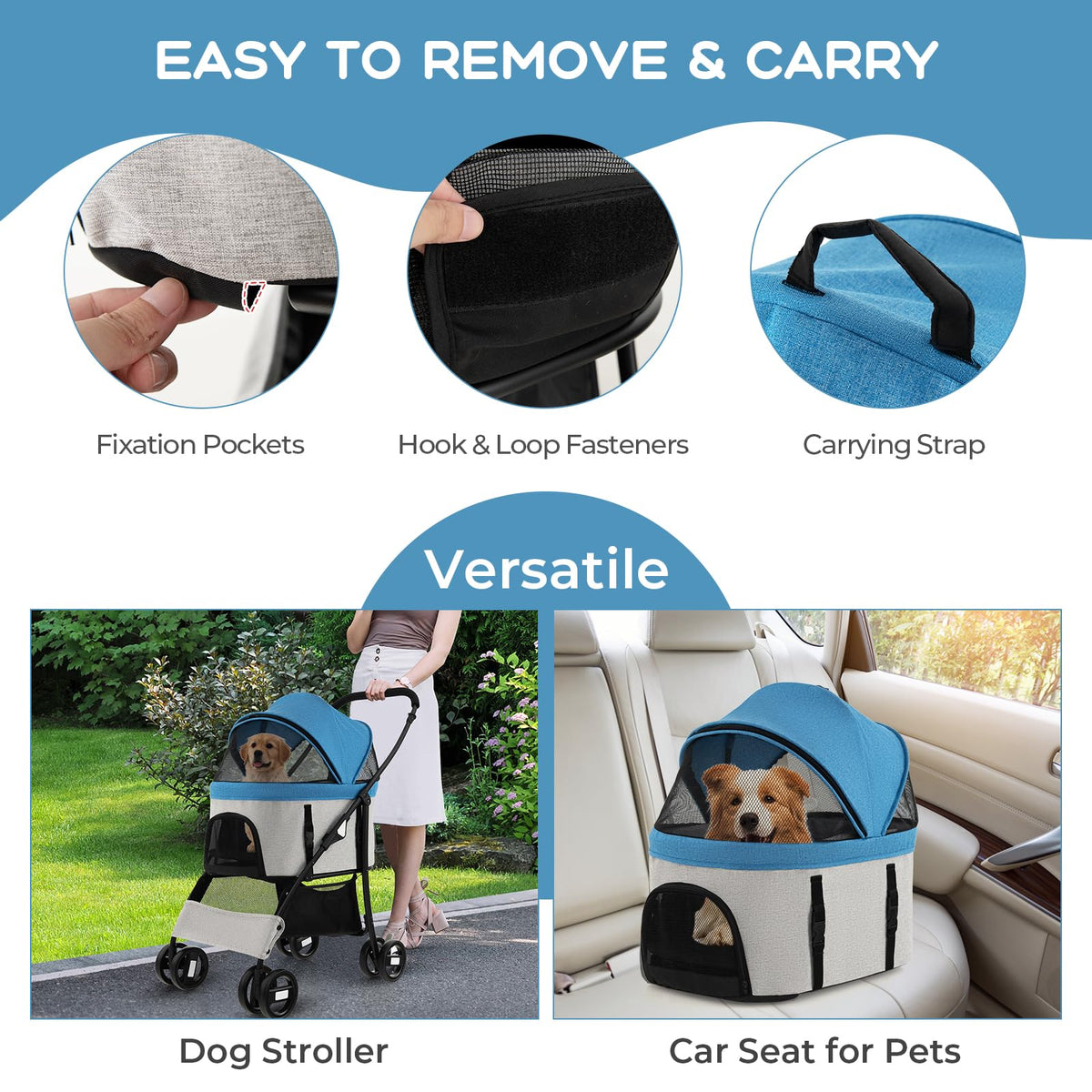 3-In-1 Pet Stroller with Removable Car Seat Carrier, Foldable Dog Cat Stroller