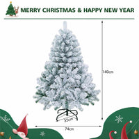 140CM Pre-lit Snow Flocked Christmas Tree Hinged Xmas Decor w/Metal Stand Party