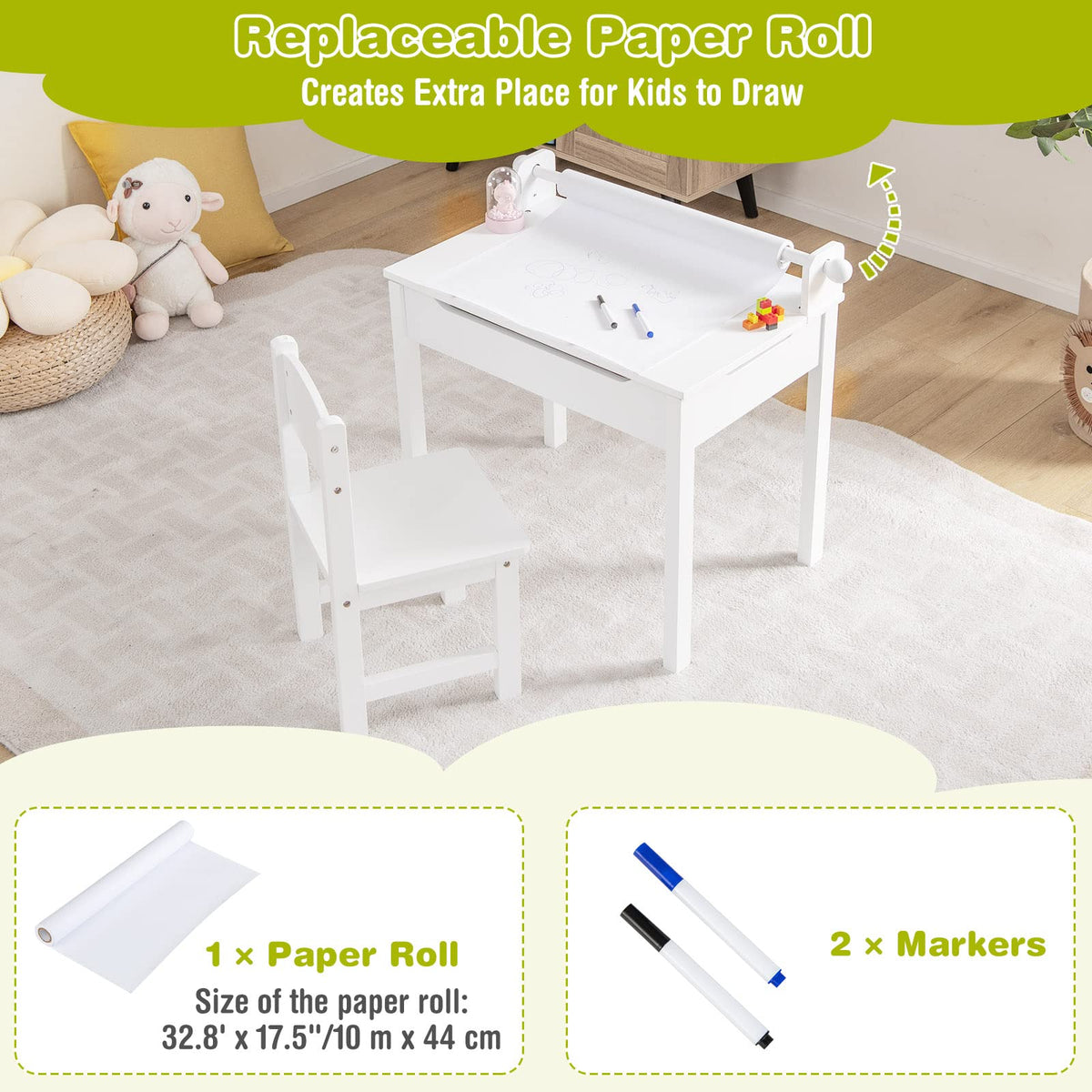 Wooden Drawing Desk Kids Art Table & Chairs Set w/ Paper Roll