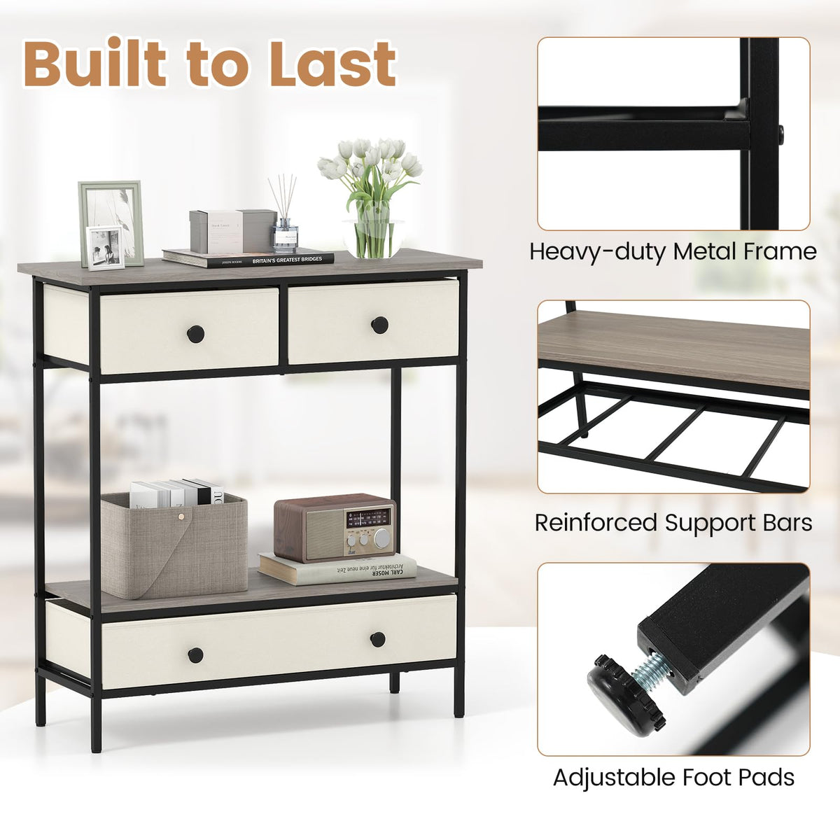 Console Table with Drawers Industrial Entryway Table with Open Storage Shelf