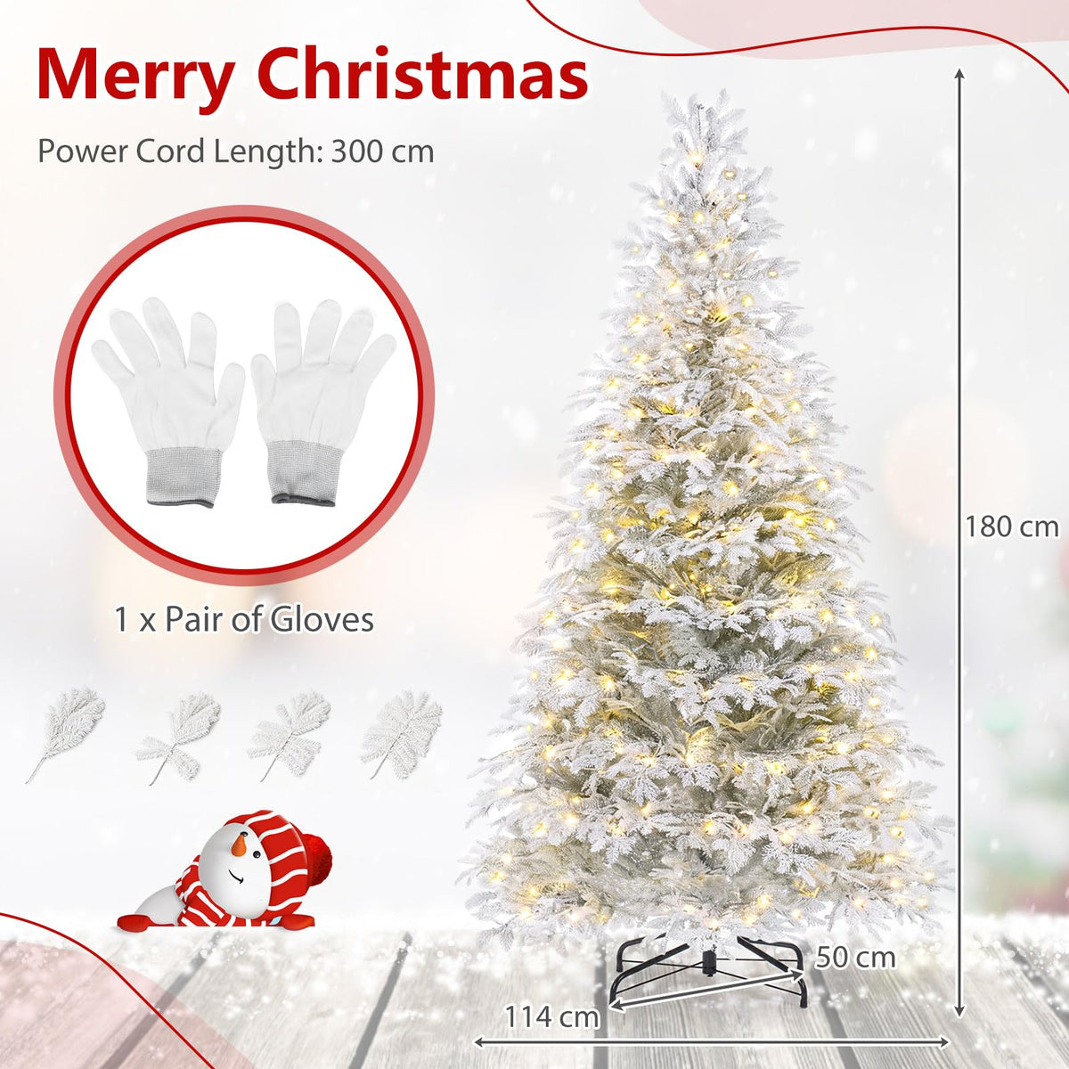 180cm Pre-Lit Artificial Christmas Tree with Snow Flocked Branch Tips