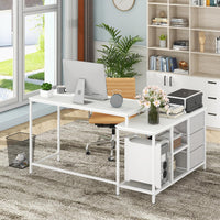 Giantex L-Shaped Computer Desk with Power Outlet, Convertible Corner Desk with 3 Fabric Drawers & Metal Mesh Shelves