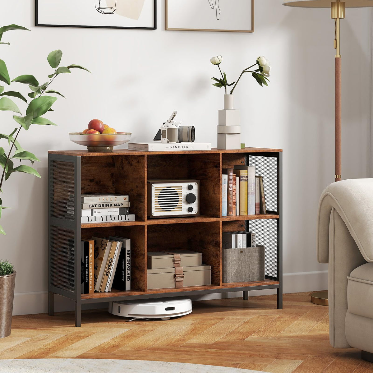 6 Cube Bookcase 110cm Wide Horizontal Bookshelf with Heavy-Duty Metal Frame