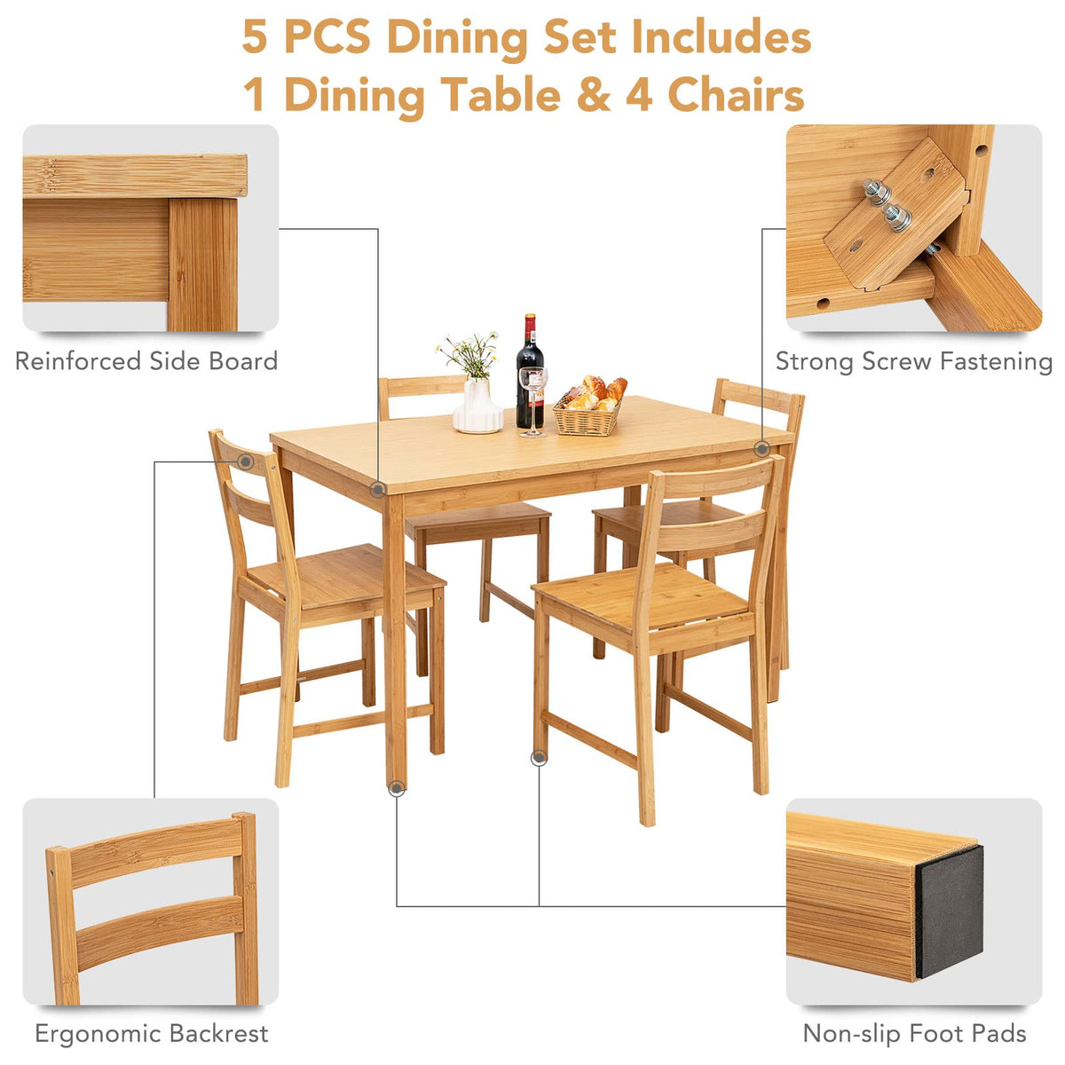 Giantex 5-Piece Dining Set Wooden Kitchen Desk Set w/ 1 Rectangular Table & 4 Chairs Natural