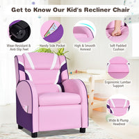 Kids Recliner Chair, Ergonomic Toddler Sofa Lounge Recliner w/ Adjustable Backrest & Storage Pocket, Pink & Purple