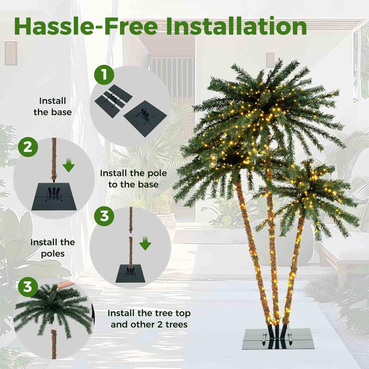 Artificial Lighted Palm Tree with Metal Base 157 Branch Tips